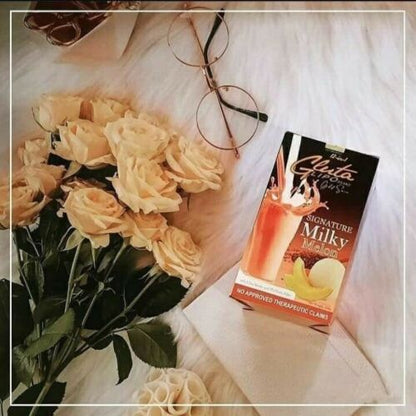“Gluta Lipo Milky Melon flavored drink mix in creamy melon flavor packaging.”