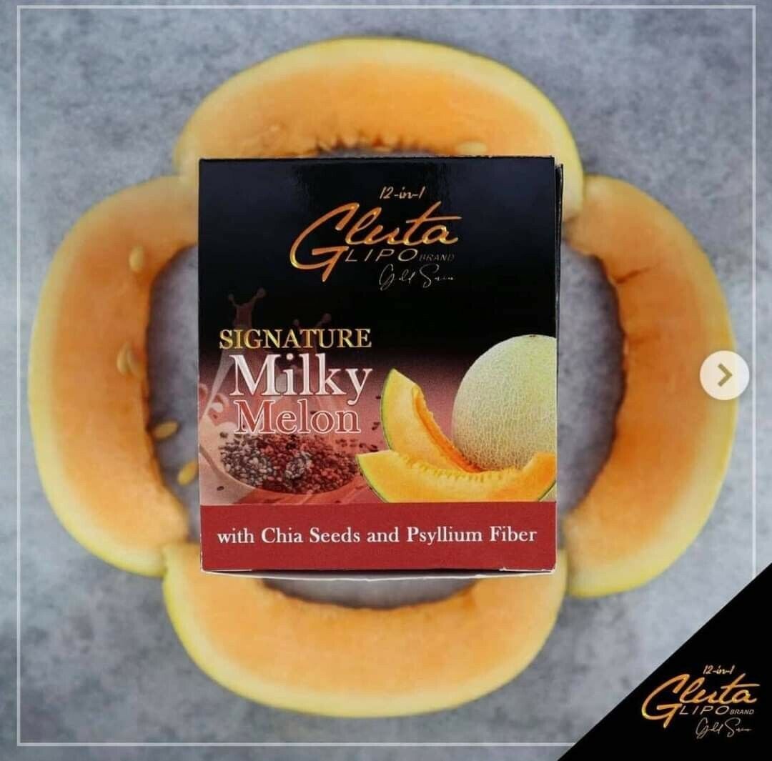 “Gluta Lipo Milky Melon flavored drink mix in creamy melon flavor packaging.”