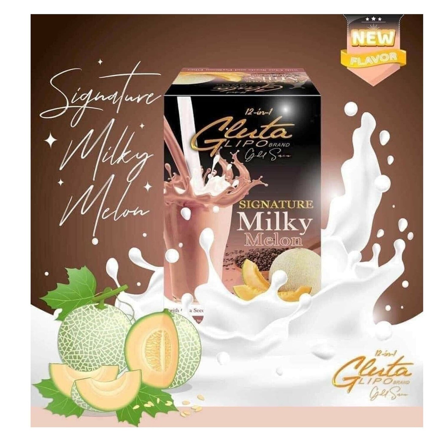 “Gluta Lipo Milky Melon flavored drink mix in creamy melon flavor packaging.”
