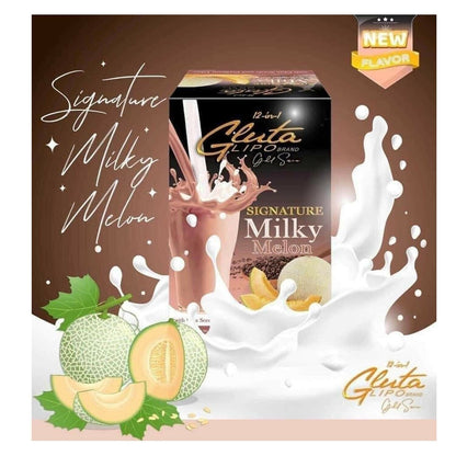 “Gluta Lipo Milky Melon flavored drink mix in creamy melon flavor packaging.”