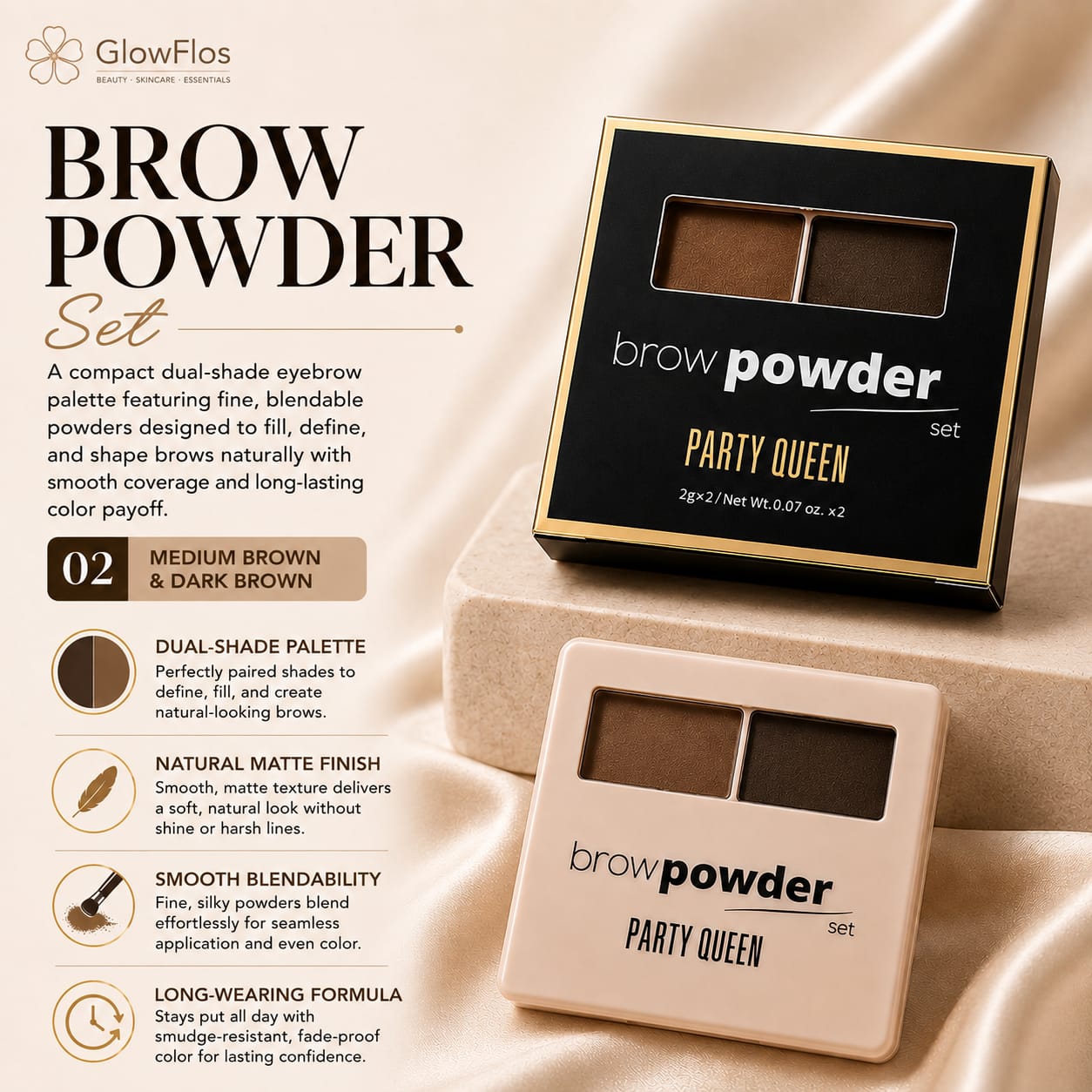 Party Queen Brow Powder Set compact palette featuring shades 02 Medium Brown and Dark Brown with outer packaging box.