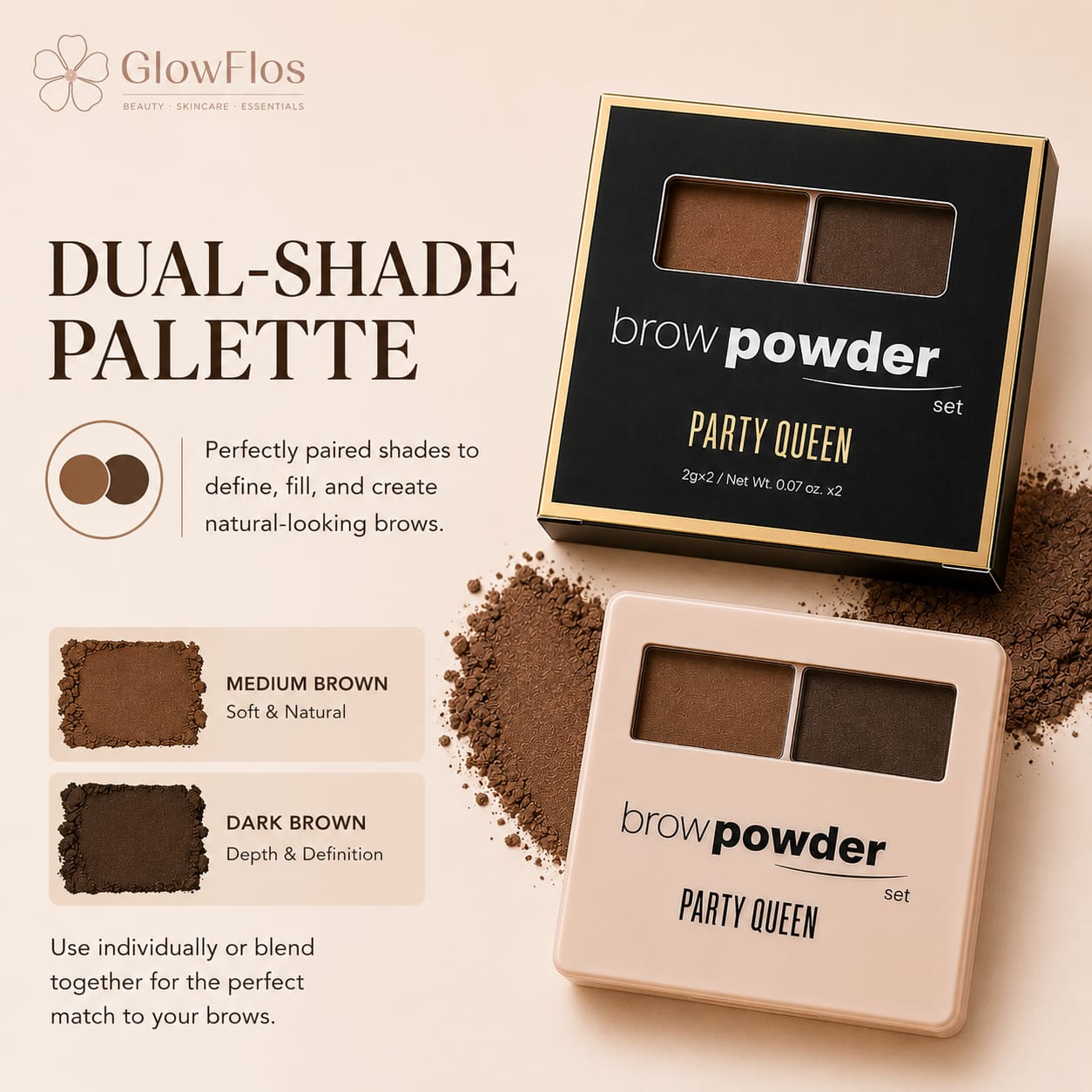 Party Queen Brow Powder Set compact palette featuring shades 02 Medium Brown and Dark Brown with outer packaging box.