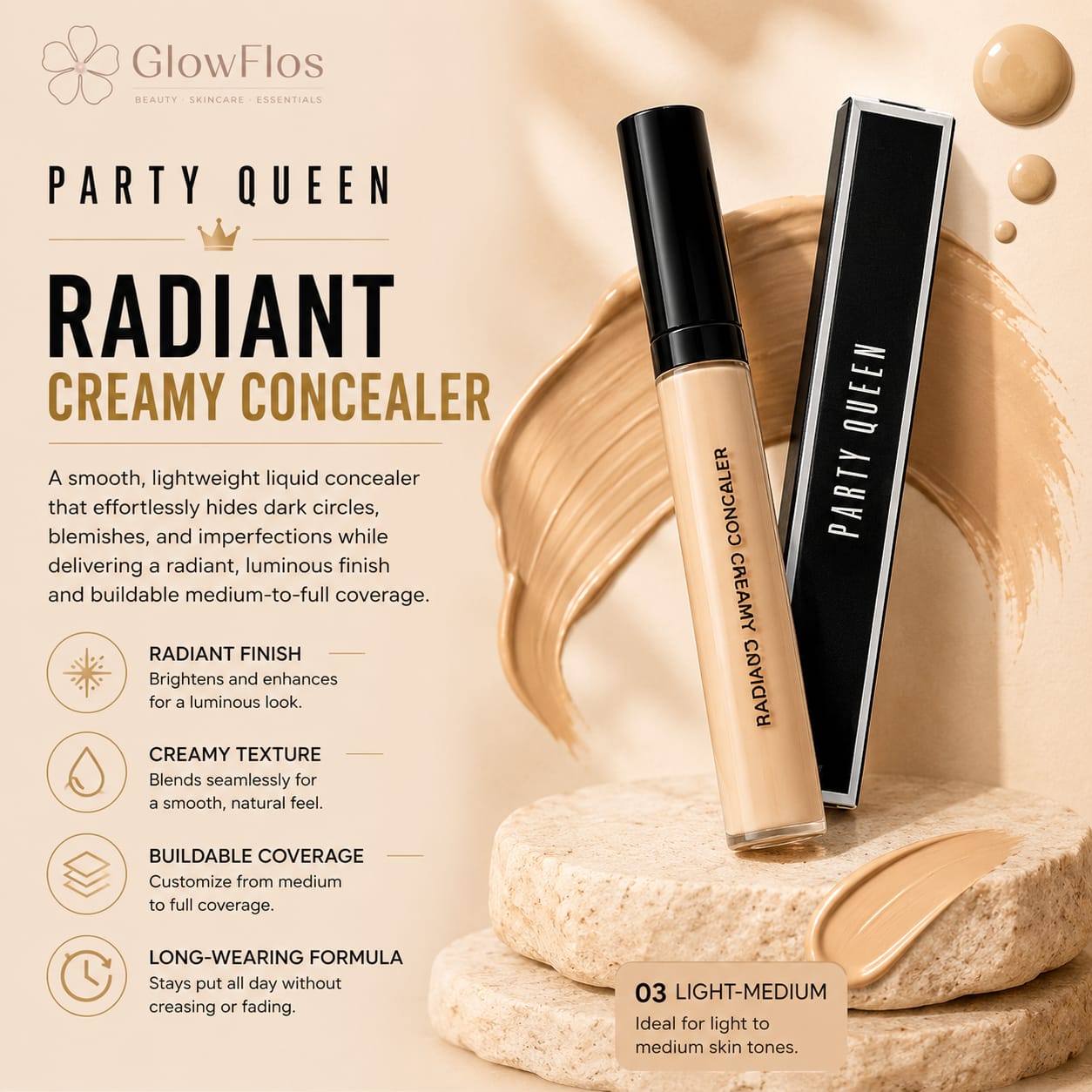 Party Queen Radiant Creamy Concealer tube and outer packaging box in shade 03 Light-Medium.