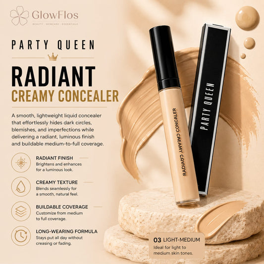 Party Queen Radiant Creamy Concealer tube and outer packaging box in shade 03 Light-Medium.