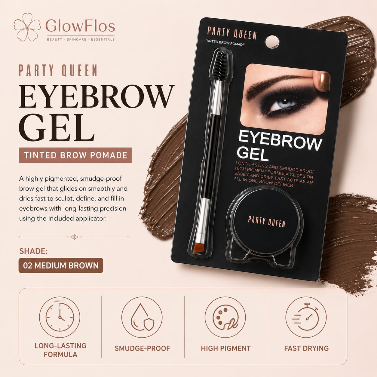 Party Queen Eyebrow Gel and Tinted Brow Pomade blister pack in shade 02 Medium Brown showing the jar and dual-ended brush