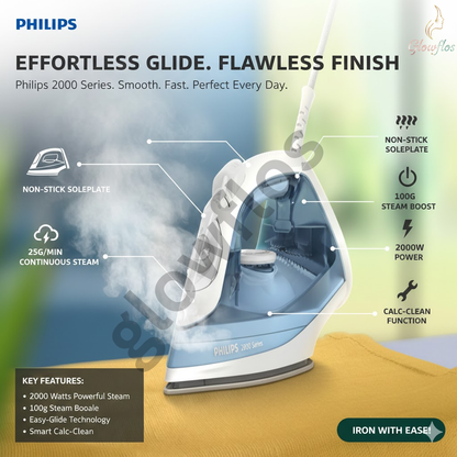 “Philips Steam Iron DST2010/26 with 1800W power, fast heat-up, steam boost, and non-stick soleplate.”
