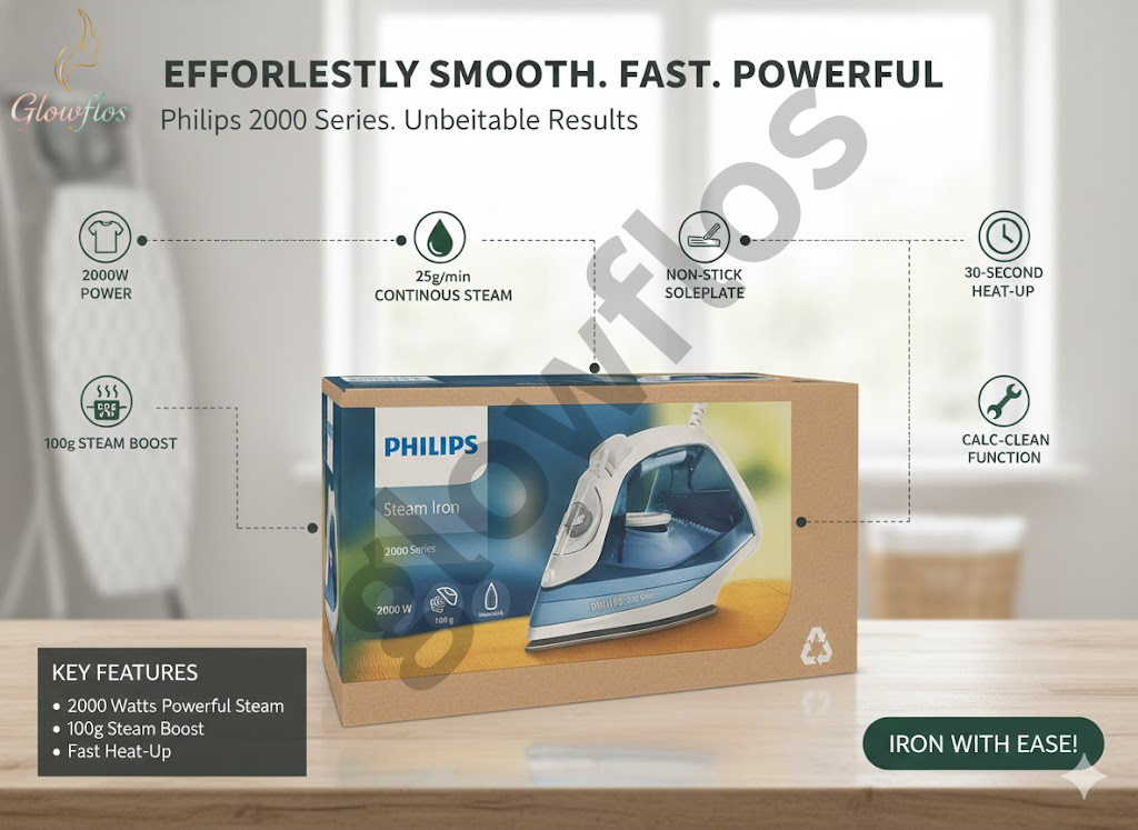 “Philips Steam Iron DST2010/26 with 1800W power, fast heat-up, steam boost, and non-stick soleplate.”