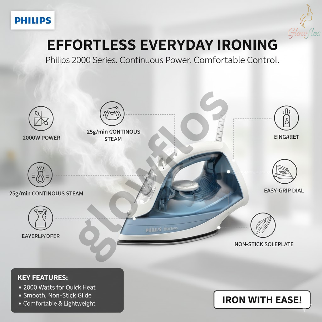 “Philips Steam Iron DST2010/26 with 1800W power, fast heat-up, steam boost, and non-stick soleplate.”