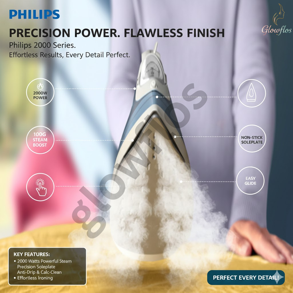 “Philips Steam Iron DST2010/26 with 1800W power, fast heat-up, steam boost, and non-stick soleplate.”