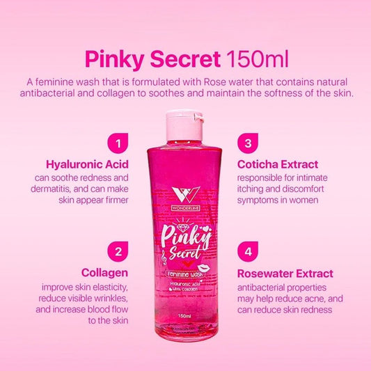 Authentic Pinky Secret Feminine Wash Intimate Cleanser with Rose Water and Lactic Acid for All Day Freshness Antibacterial Protection pH Balance and Tightening Care