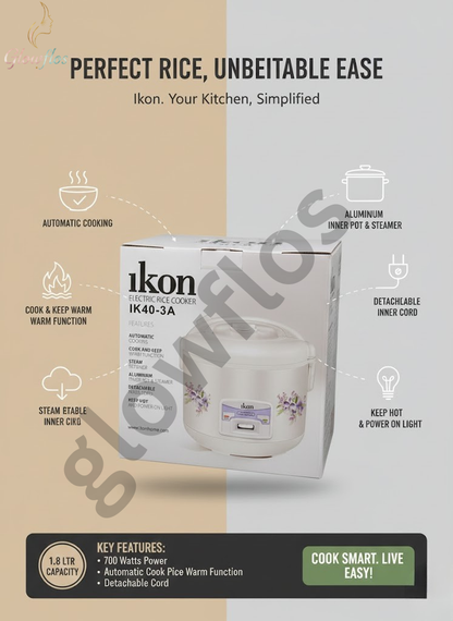 “IKON Rice Cooker IK40-3A 1.8L with non-stick inner pot, keep-warm function, and fast rice cooking.”