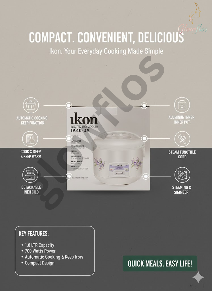 “IKON Rice Cooker IK40-3A 1.8L with non-stick inner pot, keep-warm function, and fast rice cooking.”
