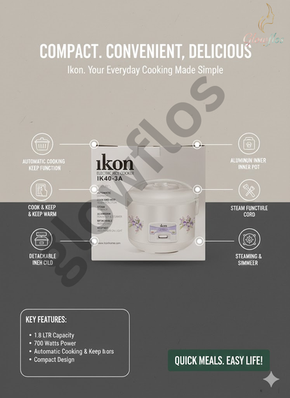 “IKON Rice Cooker IK40-3A 1.8L with non-stick inner pot, keep-warm function, and fast rice cooking.”