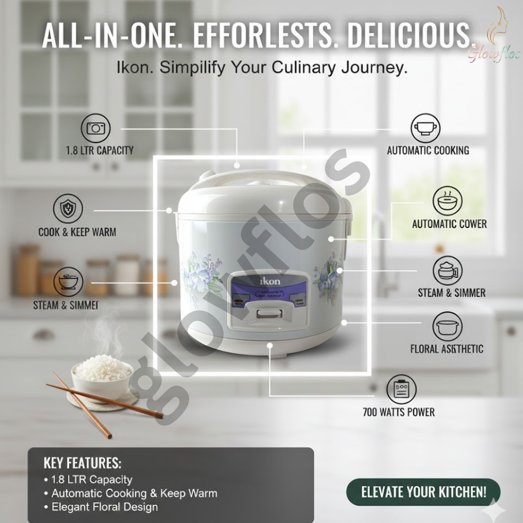 “IKON Rice Cooker IK40-3A 1.8L with non-stick inner pot, keep-warm function, and fast rice cooking.”