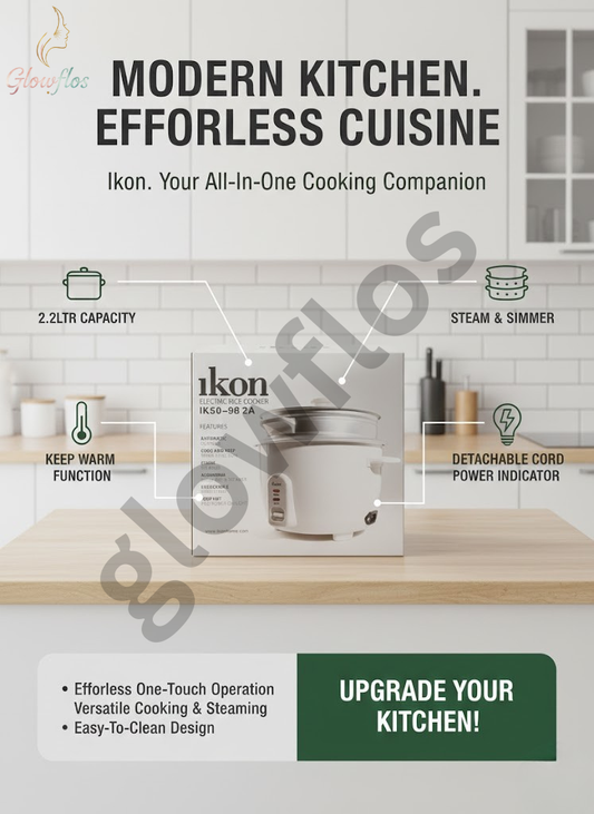“Ikon Electric Rice Cooker IK50-982A 2.2L with non-stick inner pot, keep-warm function, and large family capacity.”