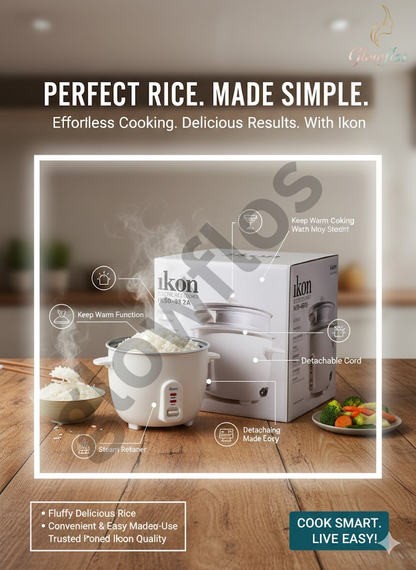 “Ikon Electric Rice Cooker IK50-982A 2.2L with non-stick inner pot, keep-warm function, and large family capacity.”