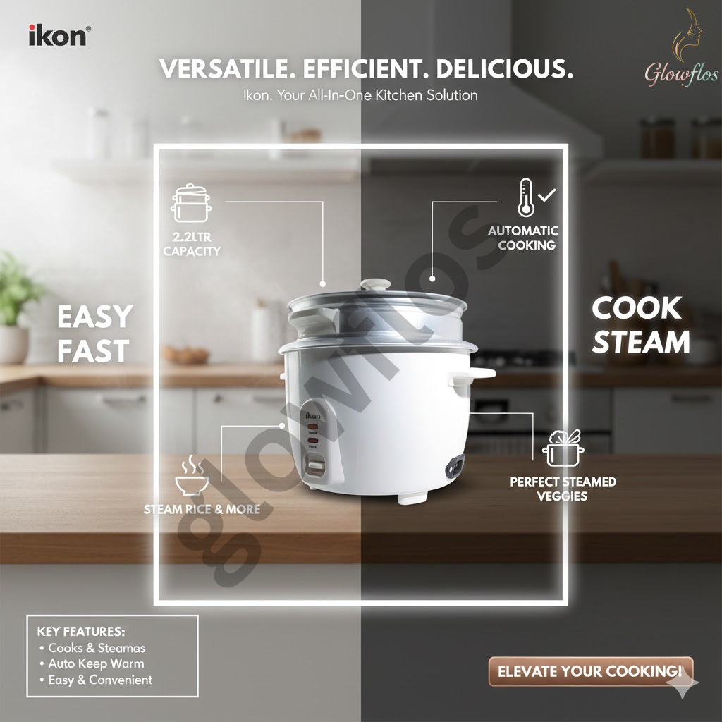“Ikon Electric Rice Cooker IK50-982A 2.2L with non-stick inner pot, keep-warm function, and large family capacity.”