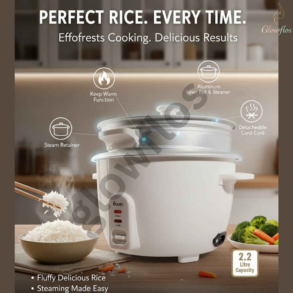 “Ikon Electric Rice Cooker IK50-982A 2.2L with non-stick inner pot, keep-warm function, and large family capacity.”