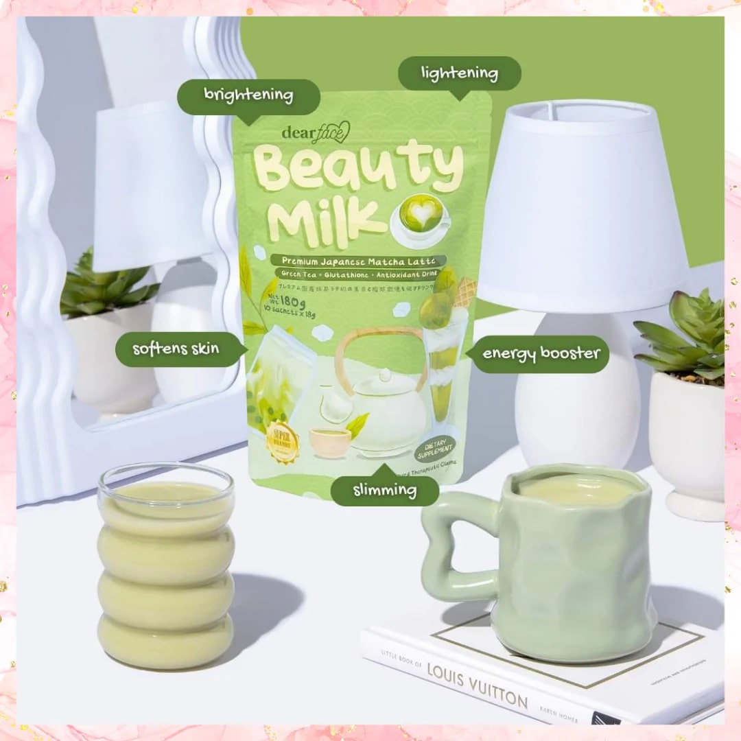 Authentic Dear Face Beauty Milk Matcha Latte Japanese Green Tea Collagen Drink Powder for Premium Anti Aging Skin Clearing Metabolism Boost Weight Management and Body Detox Glow