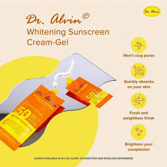 Authentic Dr Alvin Whitening Sunscreen Gel Cream SPF 50 Broad Spectrum Facial Sunblock with Advanced Sun Shield and Brightening Action for UVA UVB Protection Weightless Non Greasy Glass Skin Finish