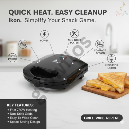 “Ikon Sandwich Maker IK-8808 with non-stick plates, fast heating, and compact kitchen-ready design.”