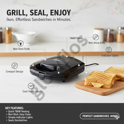 “Ikon Sandwich Maker IK-8808 with non-stick plates, fast heating, and compact kitchen-ready design.”