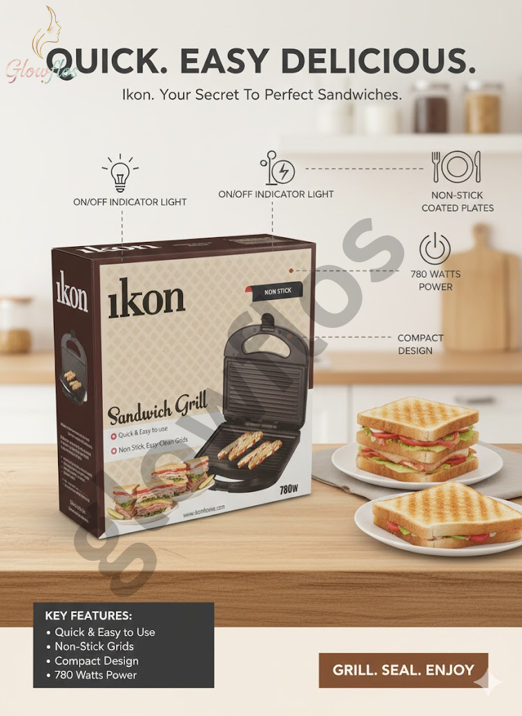 “Ikon Sandwich Maker IK-8808 with non-stick plates, fast heating, and compact kitchen-ready design.”