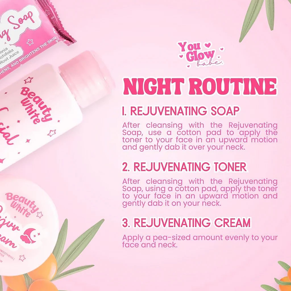 Authentic You Glow Babe Beauty White Rejuvenating Set 4-in-1 Intensive Skincare Kit with Kojic Soap Toner Night Repair Cream and Sunblock SPF 45 for Advanced Acne Treatment Dark Spot Peeling and Flawless Glass Skin