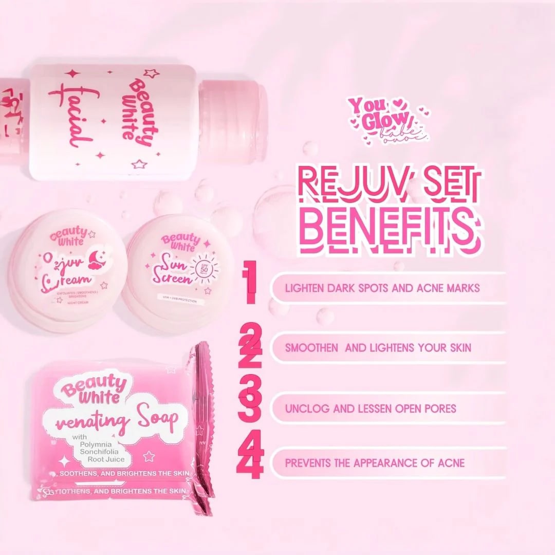 Authentic You Glow Babe Beauty White Rejuvenating Set 4-in-1 Intensive Skincare Kit with Kojic Soap Toner Night Repair Cream and Sunblock SPF 45 for Advanced Acne Treatment Dark Spot Peeling and Flawless Glass Skin