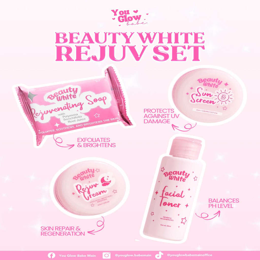 Authentic You Glow Babe Beauty White Rejuvenating Set 4-in-1 Intensive Skincare Kit with Kojic Soap Toner Night Repair Cream and Sunblock SPF 45 for Advanced Acne Treatment Dark Spot Peeling and Flawless Glass Skin