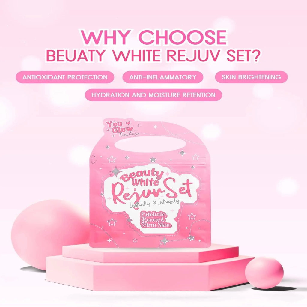 Authentic You Glow Babe Beauty White Rejuvenating Set 4-in-1 Intensive Skincare Kit with Kojic Soap Toner Night Repair Cream and Sunblock SPF 45 for Advanced Acne Treatment Dark Spot Peeling and Flawless Glass Skin