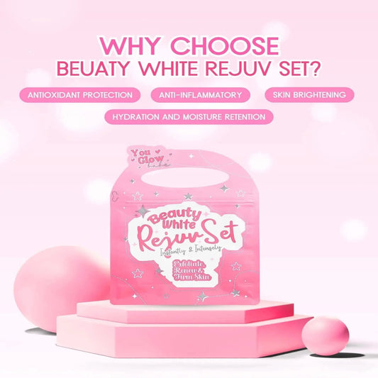 Authentic You Glow Babe Beauty White Rejuvenating Set 4-in-1 Intensive Skincare Kit with Kojic Soap Toner Night Repair Cream and Sunblock SPF 45 for Advanced Acne Treatment Dark Spot Peeling and Flawless Glass Skin