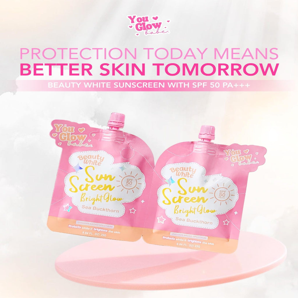Authentic You Glow Babe Beauty White Sunscreen SPF 50 PA+++ Broad Spectrum Facial Sunblock with Glutathione and Niacinamide for UVA UVB Protection Skin Whitening Weightless Hydration and Non Greasy Glass Skin Finish