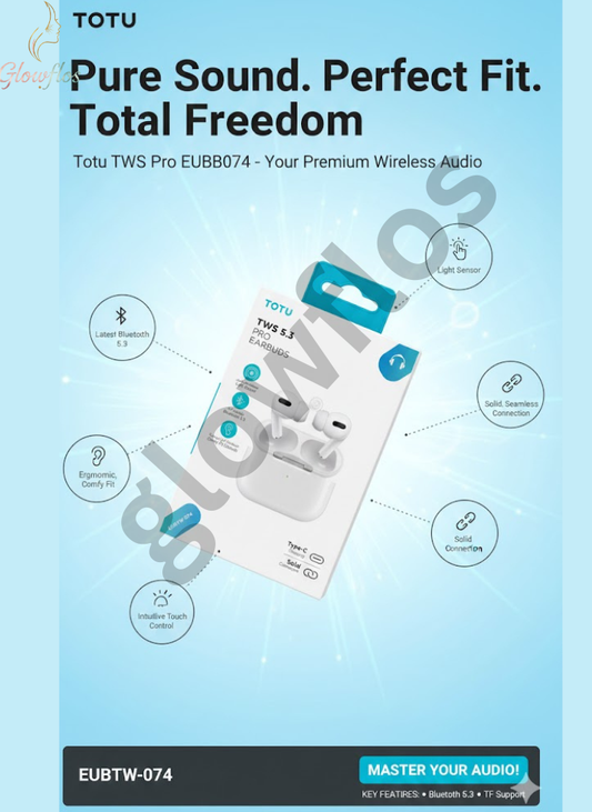 “Totu TWS Earbuds Pro EUBTW-074 wireless Bluetooth earbuds with noise reduction and charging case.”