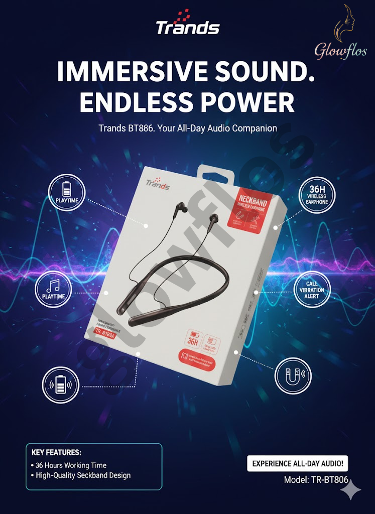 “Trands BT806 neckband wireless earphones with Bluetooth connectivity, long battery life, and magnetic earbuds.”