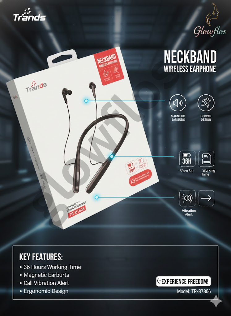 “Trands BT806 neckband wireless earphones with Bluetooth connectivity, long battery life, and magnetic earbuds.”