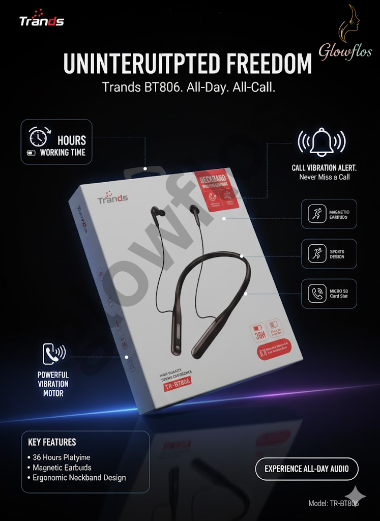 “Trands BT806 neckband wireless earphones with Bluetooth connectivity, long battery life, and magnetic earbuds.”