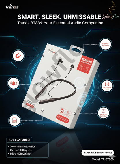 “Trands BT806 neckband wireless earphones with Bluetooth connectivity, long battery life, and magnetic earbuds.”