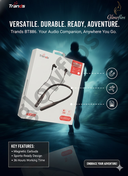 “Trands BT806 neckband wireless earphones with Bluetooth connectivity, long battery life, and magnetic earbuds.”