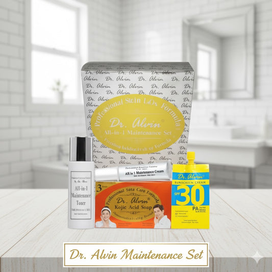 Authentic Dr Alvin Whitening and Maintenance Set 4-in-1 Daily Post Peel Skincare Kit with Kojic Soap Toner Night Whitening Cream and Sunblock for Long Term Skin Barrier Repair and Glass Skin Longevity